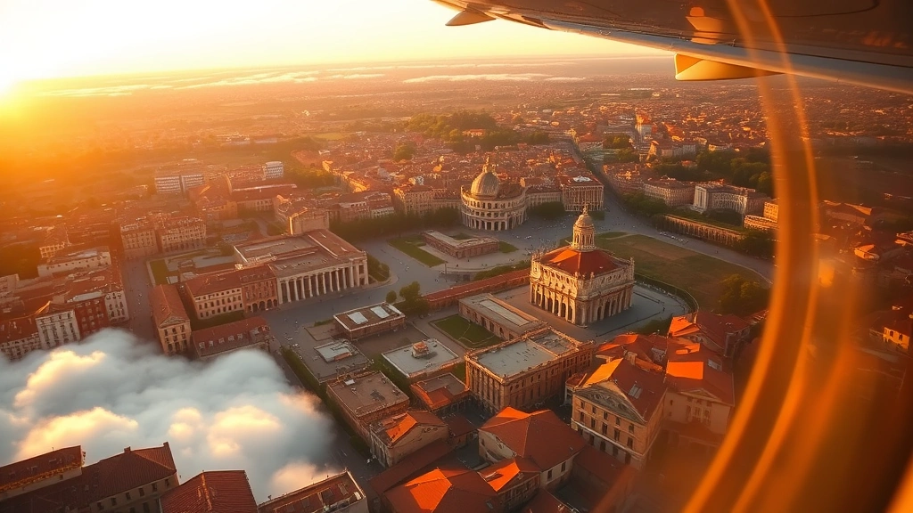 Aerial view of Rome's Colosseum and Roman Forum at golden hour sunset, with terracotta roofs and historic architecture visible, taken from airplane window perspective showing clouds below