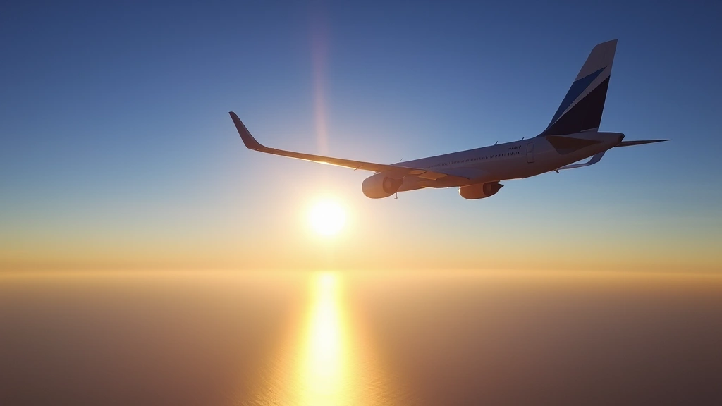 Modern commercial aircraft in flight over Atlantic Ocean at sunrise, with wing visible and golden light reflecting off water below, clear blue sky with minimal clouds