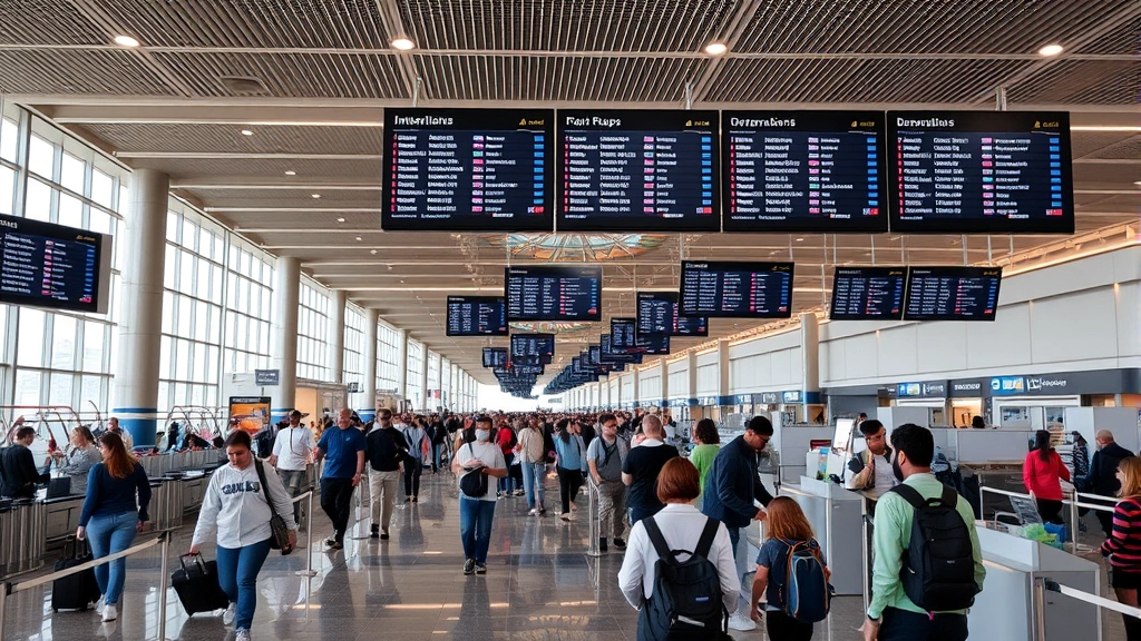 Busy international airport terminal with travelers at check-in counters and departure boards, showing multiple airlines and flight information, modern architecture with natural lighting