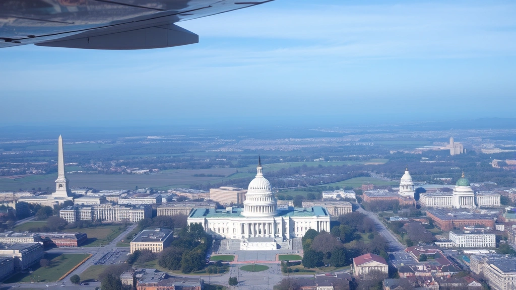 Aerial view of Washington DC skyline with Capitol Building and monuments visible, approaching from above during daytime, aircraft wing visible in frame edge, clear sky