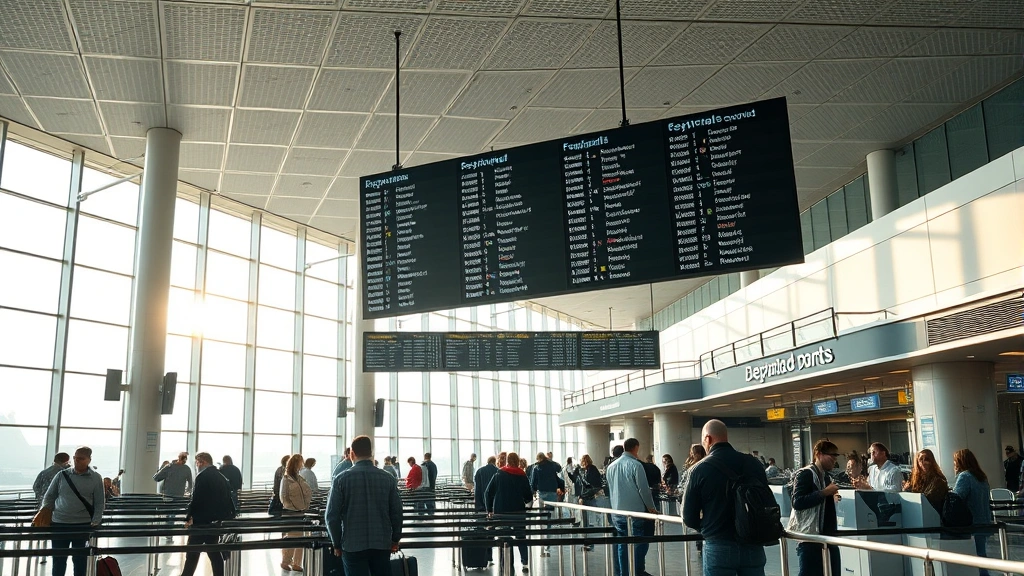 Modern airport terminal interior with travelers checking in at counter, departure boards visible overhead, natural light from large windows, bustling but organized atmosphere