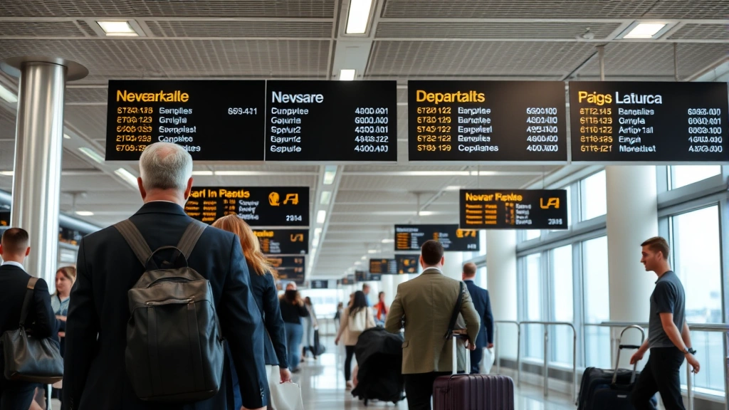 Newark or LaGuardia airport gate area during boarding process, passengers with carry-on luggage waiting, departure information displayed, professional business travelers visible