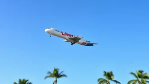 Modern commercial airplane taking off from Orlando International Airport on sunny morning with palm trees visible below and clear blue sky