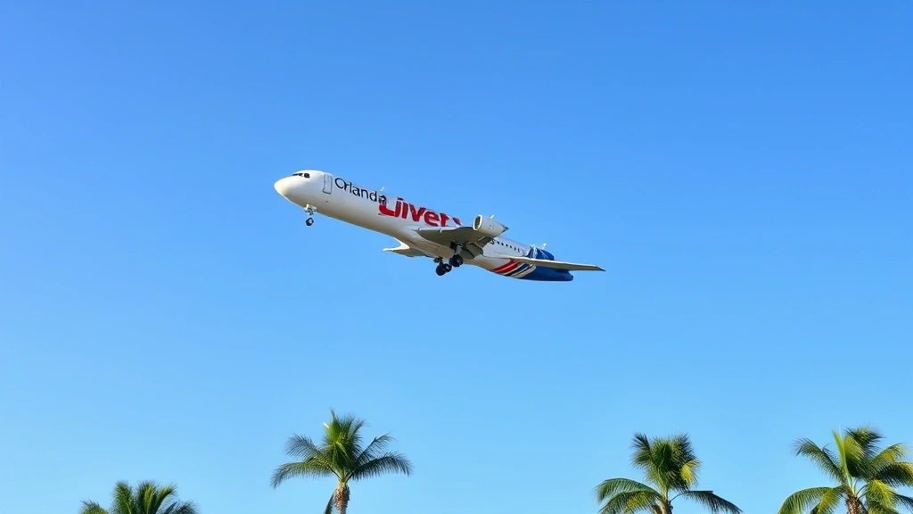 Modern commercial airplane taking off from Orlando International Airport on sunny morning with palm trees visible below and clear blue sky