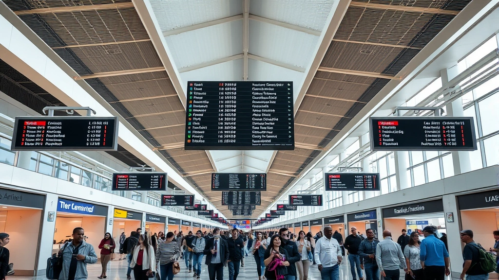 Busy airport terminal at Hartsfield-Jackson Atlanta with travelers walking through contemporary corridors and departure boards visible overhead