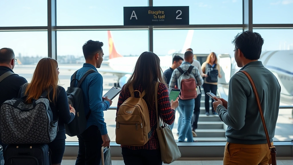 Travelers at airport gate checking boarding passes and boarding aircraft, showing typical domestic flight boarding scene with modern aircraft visible through windows