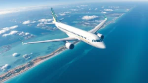 Aerial view of modern commercial aircraft flying over Florida coastline with blue ocean and sandy beaches visible below, bright daylight conditions, photorealistic