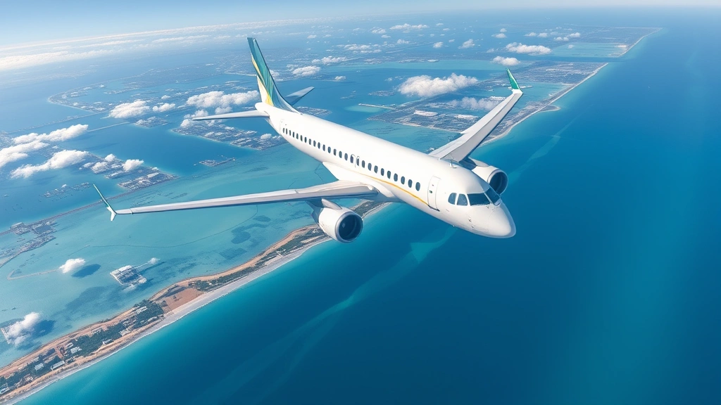 Aerial view of modern commercial aircraft flying over Florida coastline with blue ocean and sandy beaches visible below, bright daylight conditions, photorealistic