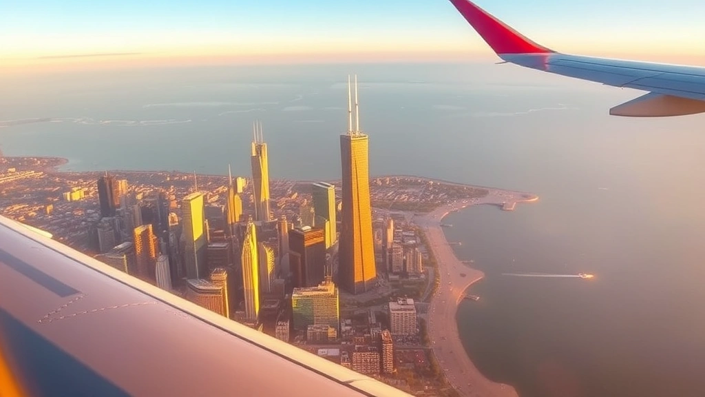 Chicago skyline with Willis Tower and Lake Michigan, viewed from airplane window during approach, golden hour lighting, photorealistic cityscape