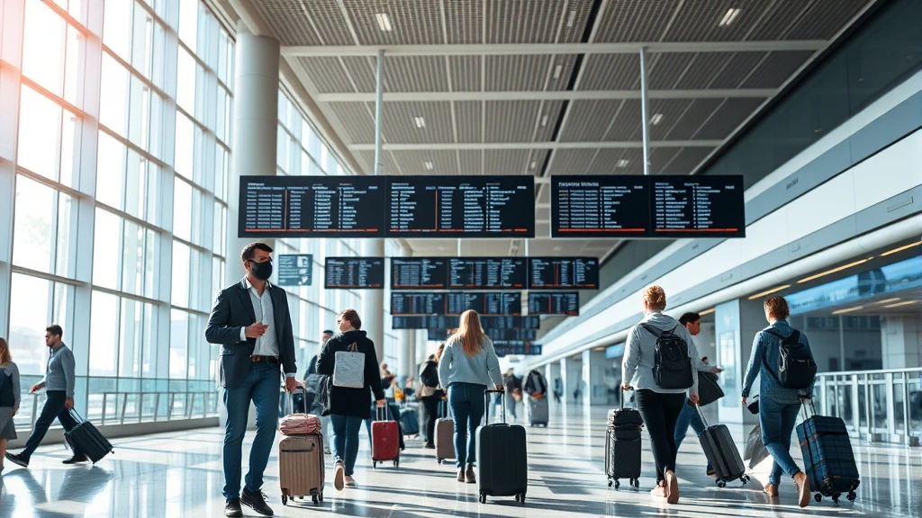 Busy airport terminal with travelers checking flight displays and walking with luggage, modern contemporary airport architecture, natural daylight streaming through windows