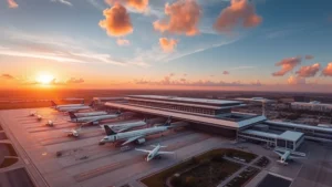 Aerial sunrise view of Orlando International Airport (MCO) with aircraft parked at gates, modern terminal buildings, and surrounding landscape