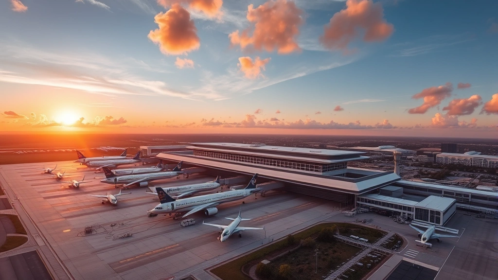 Aerial sunrise view of Orlando International Airport (MCO) with aircraft parked at gates, modern terminal buildings, and surrounding landscape