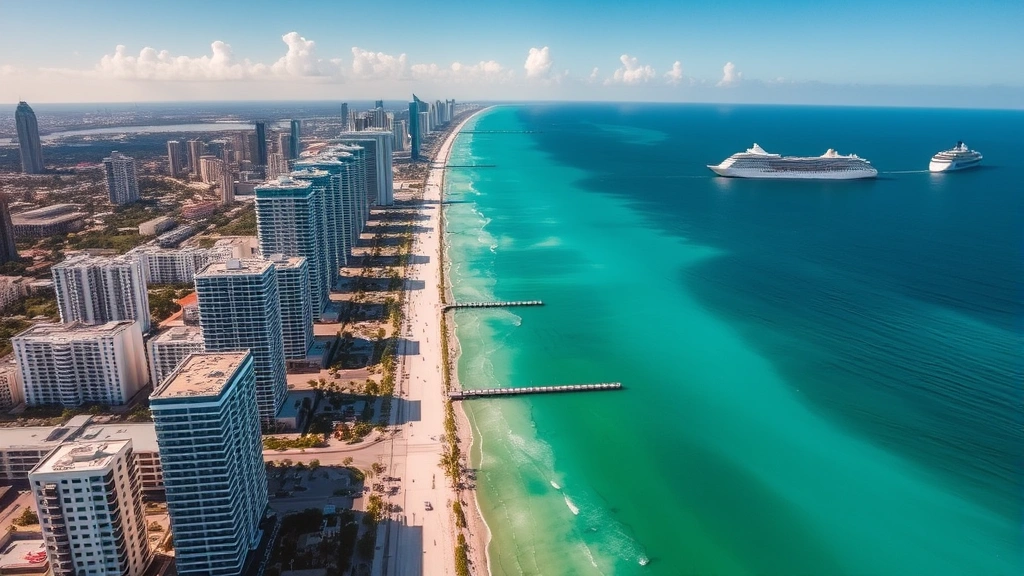 Aerial view of Miami coastline with high-rise buildings, turquoise Atlantic Ocean waters, and busy port with cruise ships