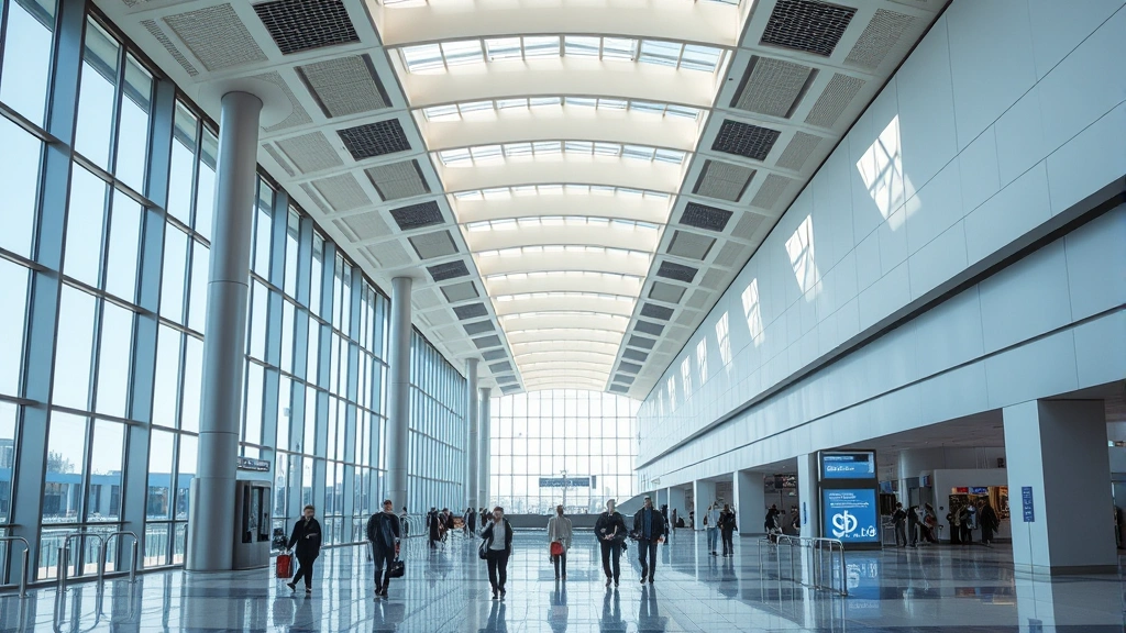 Modern airport terminal interior with contemporary architecture, natural lighting through large windows, passengers walking through bright hallway