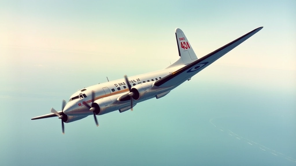 Douglas DC-4 aircraft in flight during 1950s era, four-engine propeller plane banking over ocean during daytime with clear skies, vintage aviation photography style