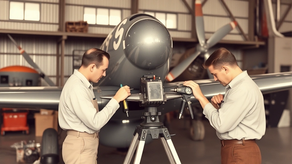 Vintage airplane maintenance workshop from 1950s, technicians inspecting aircraft wing attachment points with tools and measuring instruments, professional hangar setting