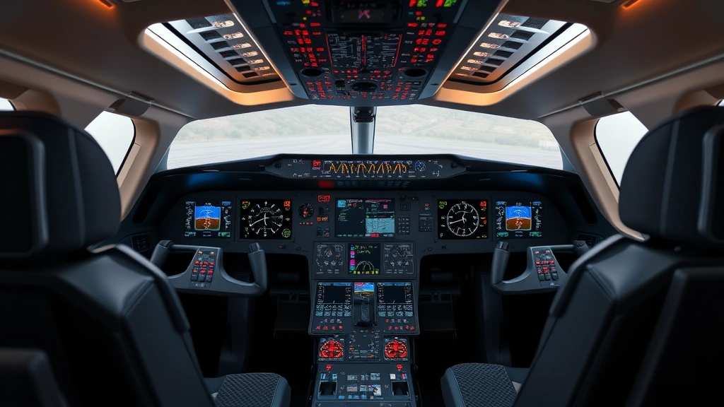 Modern aircraft cockpit interior showing advanced avionics and digital displays, representing contemporary aviation technology and safety systems, professional commercial airline environment