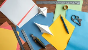Overhead flat lay of various colored paper sheets, bone folder tools, ruler, and precision measuring instruments arranged on wooden desk surface, showing professional paper airplane crafting materials