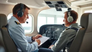 Professional certified flight instructor conducting detailed aircraft systems briefing with student pilot in modern flight training facility cockpit, natural lighting from windows