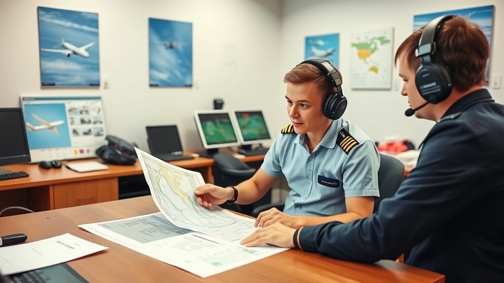 Experienced flight instructor and young student pilot reviewing flight plan and navigation charts at wooden desk in flight school office with aviation posters on walls