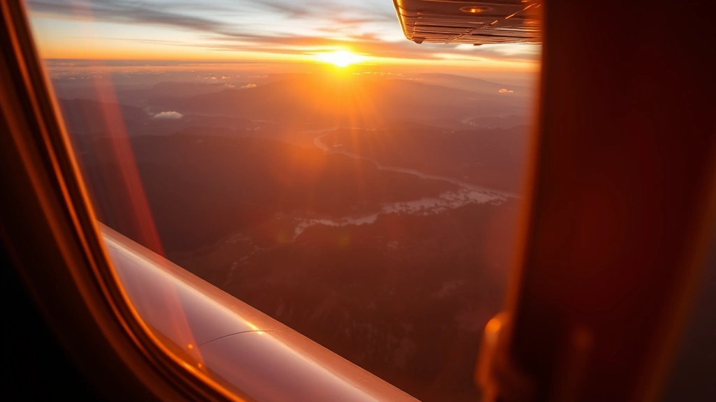 Stunning golden hour sunset view from small aircraft cockpit window during cross-country training flight, wing visible, mountains and valleys below in natural landscape