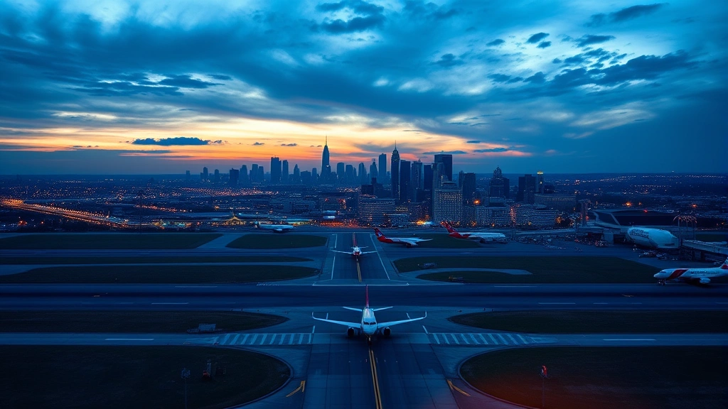 Aerial view of Philadelphia International Airport with downtown skyline visible in the distance, commercial aircraft on taxiway, sunrise lighting, photorealistic