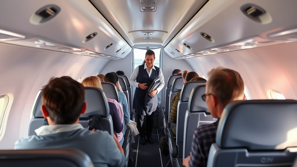 Interior cabin of modern regional jet with passengers settling into seats, flight attendant in aisle, Boston harbor visible through window, natural lighting