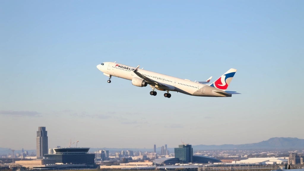 Modern commercial aircraft taking off from Philadelphia International Airport on a sunny morning with clear skies, showing the plane ascending with landing gear retracting, urban landscape visible below