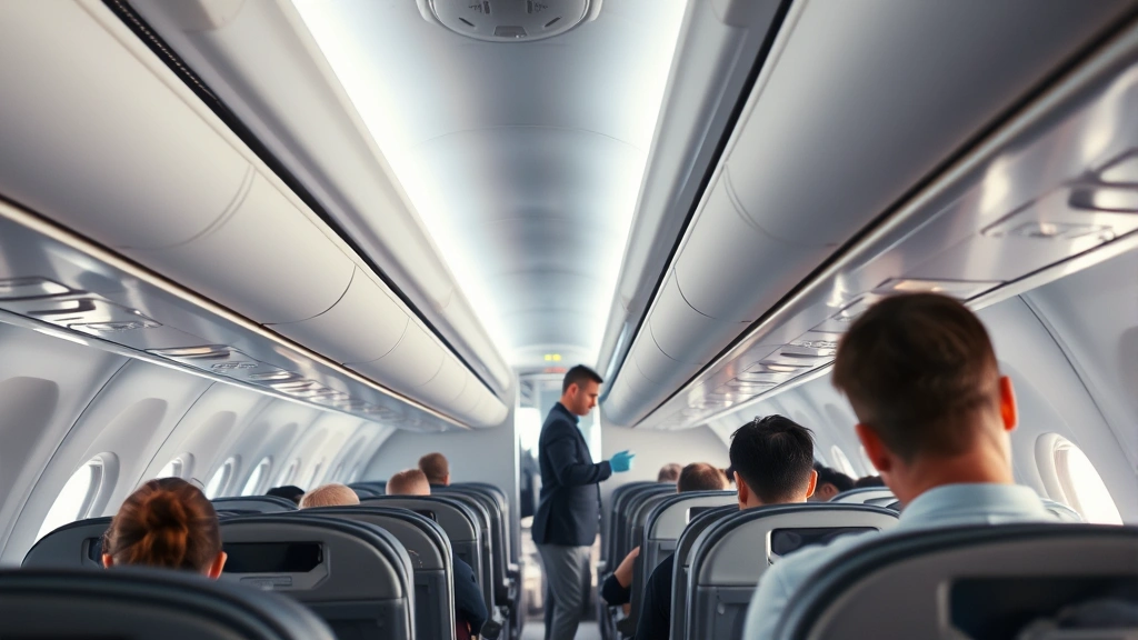 Professional shot of modern airplane cabin interior during flight with passengers seated, overhead compartments visible, bright natural light from windows, professional service in progress