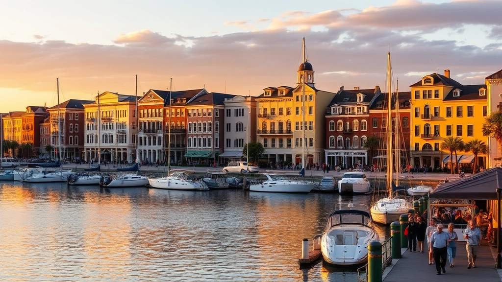 Charleston waterfront at sunset showing historic antebellum architecture buildings along the harbor, sailboats and yachts docked, golden hour lighting reflecting on water, tourists walking on the waterfront