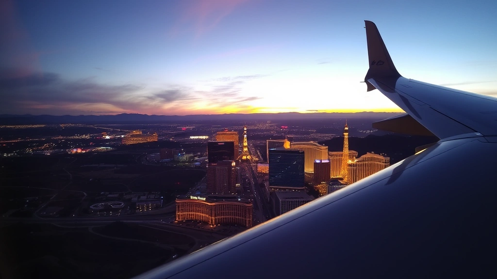 Aerial view of Las Vegas Strip at sunset with desert landscape, modern aircraft wing visible in frame, golden hour lighting, vibrant city lights beginning to twinkle below