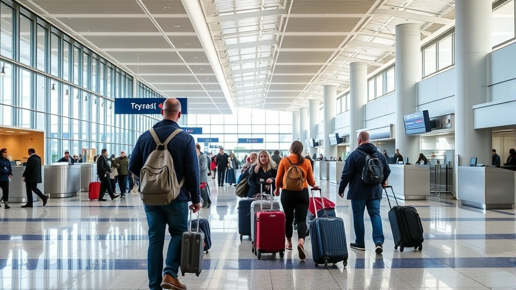 Philadelphia International Airport departure terminal interior, travelers checking luggage at counter, modern airport architecture, natural daylight from windows, bustling travel atmosphere