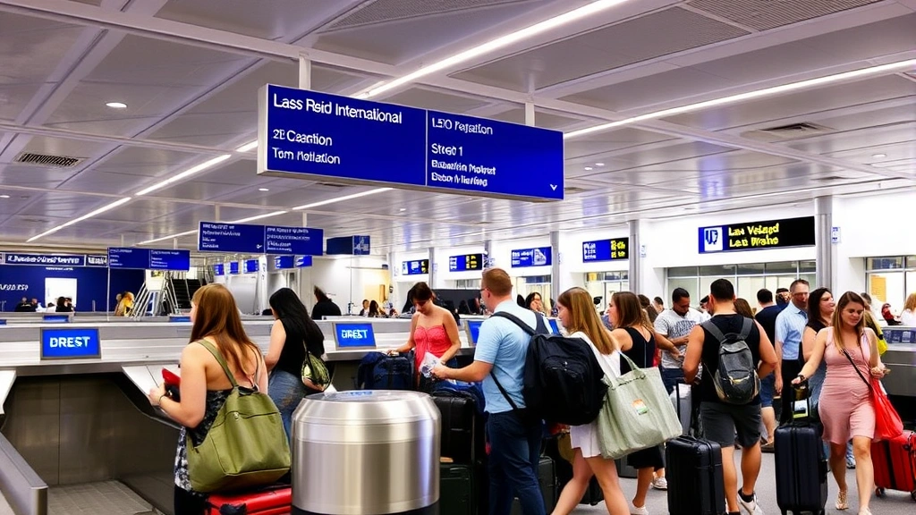 Las Vegas Harry Reid International Airport baggage claim area, travelers retrieving luggage from carousel, modern airport interior, airport signage and information displays visible, diverse travelers in casual vacation attire