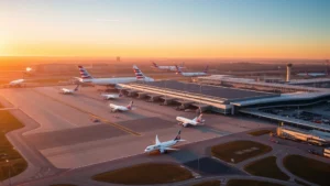 Aerial view of Philadelphia International Airport (PHL) with planes on tarmac during sunrise, clear weather, modern terminal buildings visible, golden hour lighting