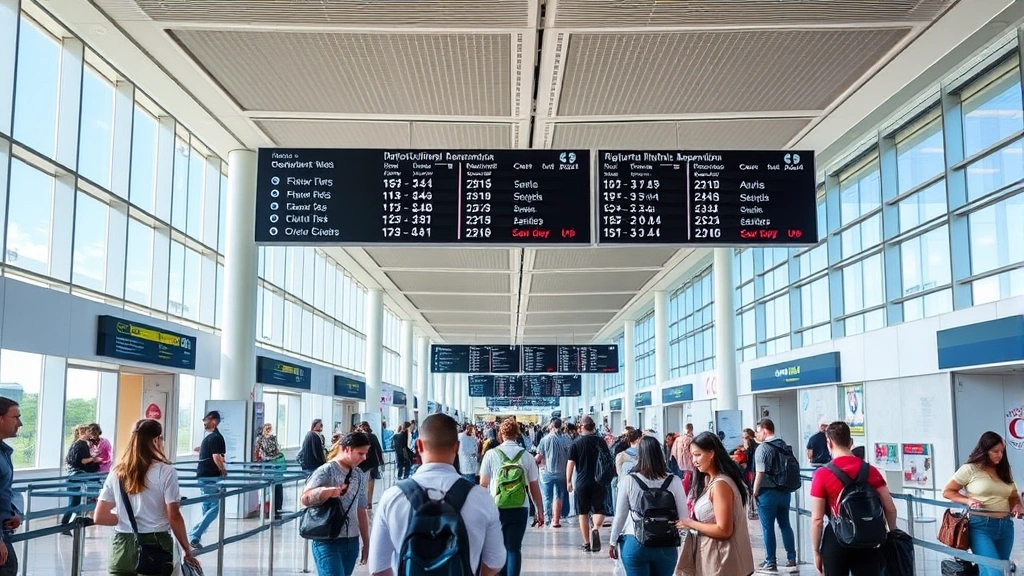 Busy Miami International Airport departure hall with travelers checking in, information displays showing flight times, modern airport architecture, natural daylight from large windows