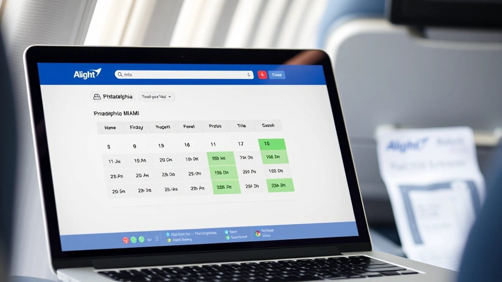 Split-screen showing laptop with flight search engine displaying price calendar for Philadelphia to Miami route with highlighted low-price dates in green, sitting on airplane armrest with boarding pass visible in background blur