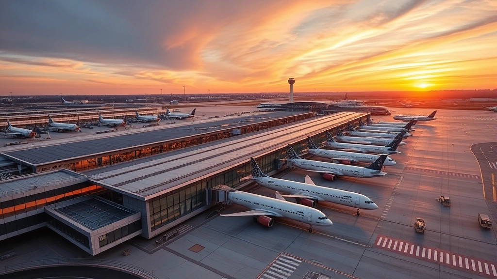 Aerial view of Philadelphia International Airport terminal with planes at gates during sunset, modern architecture visible, busy tarmac with ground vehicles, photorealistic travel photography