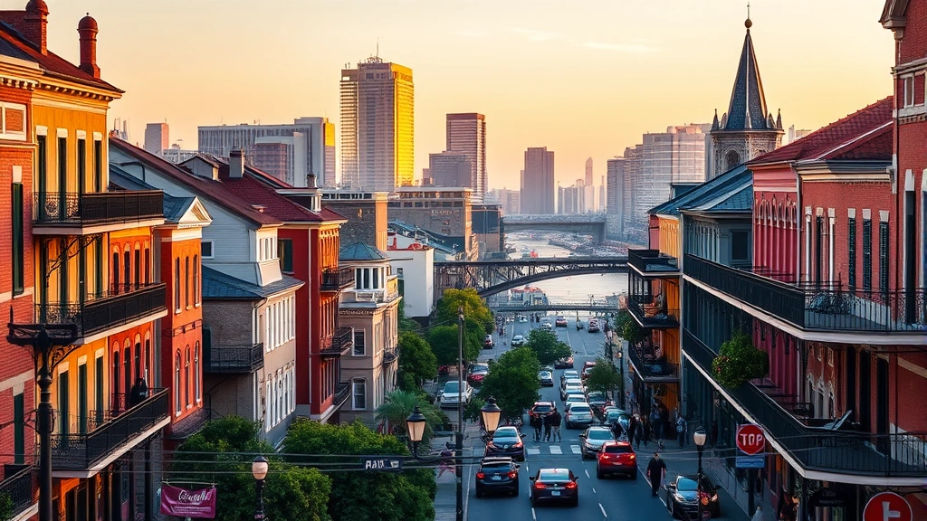 New Orleans French Quarter skyline with historic architecture and Mississippi River, vibrant street scene with colorful buildings and street lamps, golden hour lighting, travel destination photography