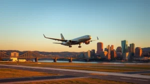 Commercial aircraft landing at Pittsburgh International Airport with city skyline and three rivers visible in background during golden hour