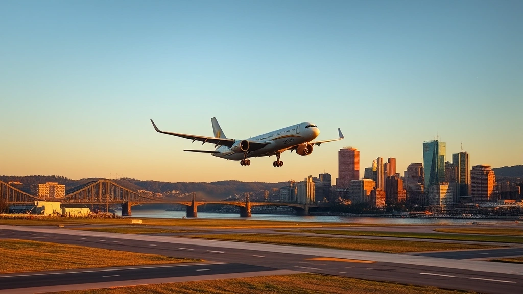 Commercial aircraft landing at Pittsburgh International Airport with city skyline and three rivers visible in background during golden hour