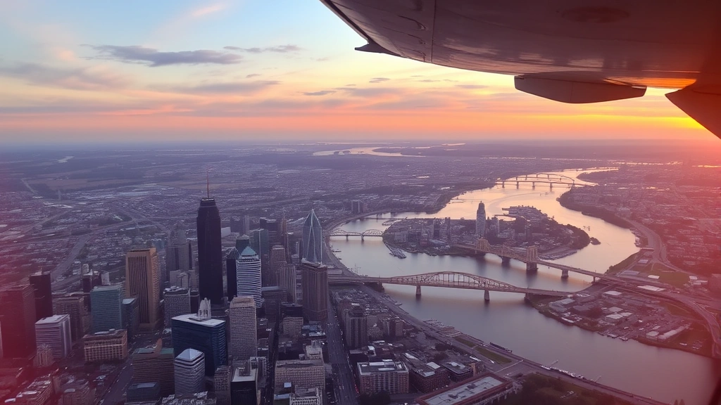 Aerial view of Pittsburgh skyline with rivers and bridges visible from aircraft window during sunset
