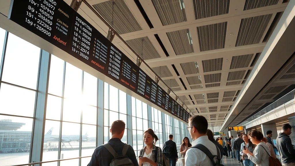 Modern airport terminal with digital flight information displays showing departure and arrival times, passengers checking phones for flight updates, natural daylight streaming through large windows, contemporary airport architecture