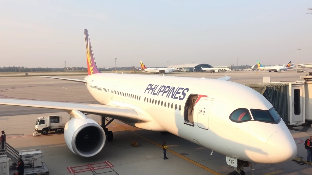 Philippine Airlines Airbus A350 aircraft parked at gate with ground crew preparing for boarding, modern airport infrastructure, clear weather conditions, professional aviation environment