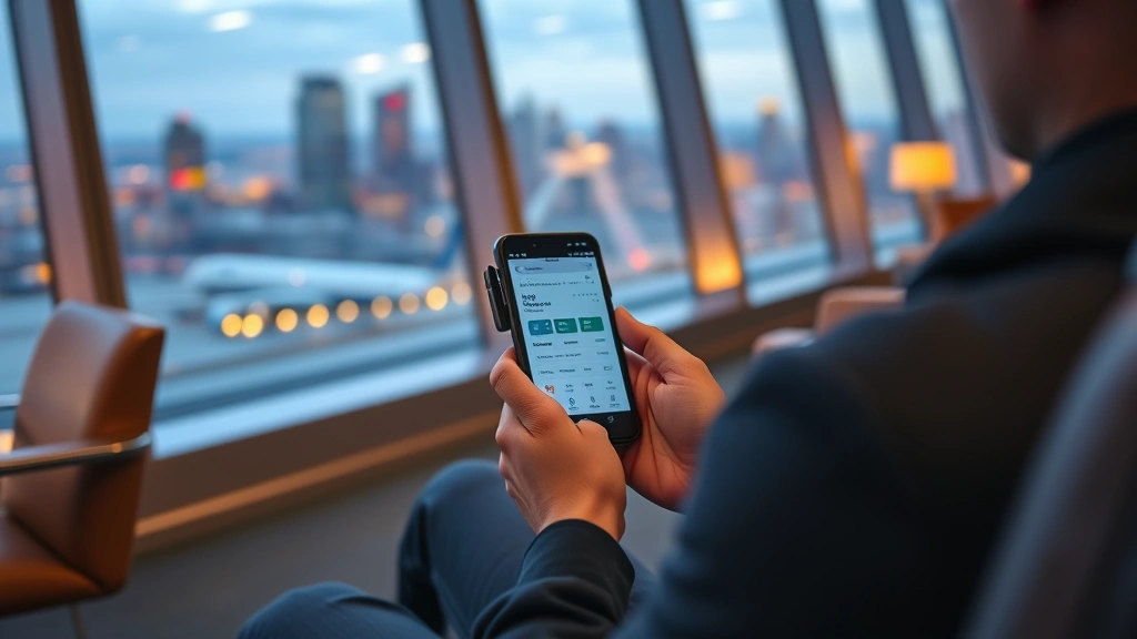 Passenger using smartphone with flight tracking app open, sitting in airport lounge with city skyline visible through windows, comfortable seating area, warm ambient lighting, person focused on mobile device