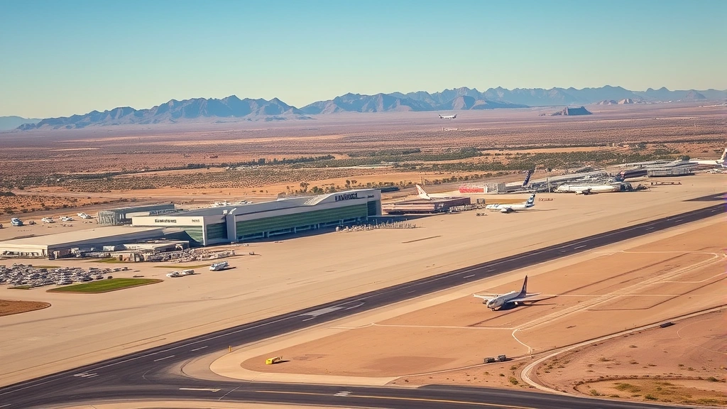 Aerial view of Phoenix Sky Harbor International Airport with desert landscape, modern terminal buildings, aircraft taxiing on runway, Arizona mountains in background, bright daylight