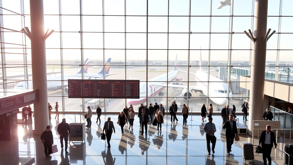 Chicago O'Hare Airport interior showing modern terminal with travelers walking, departure boards, natural light from large windows, commercial aircraft visible through glass, bustling airport atmosphere