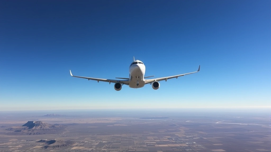 Overhead view of commercial aircraft cruising at altitude over landscape transitioning from Arizona desert to Midwest plains, blue sky above, patchwork farmland below