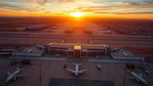 Aerial view of Phoenix Sky Harbor International Airport terminal with desert landscape surrounding the runways at sunset, wide-angle perspective showing aircraft parked at gates