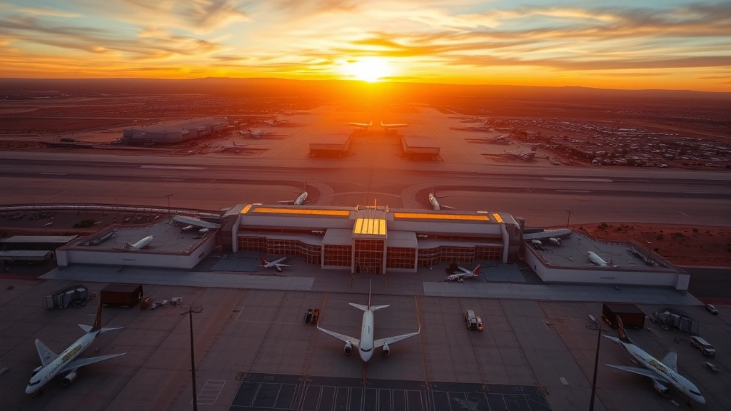 Aerial view of Phoenix Sky Harbor International Airport terminal with desert landscape surrounding the runways at sunset, wide-angle perspective showing aircraft parked at gates