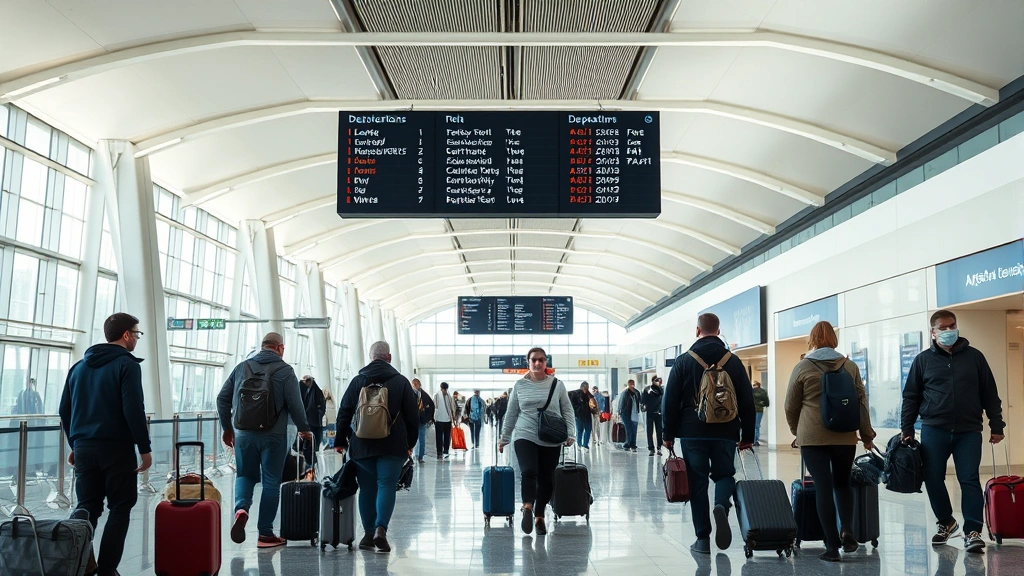 Modern airport interior showing travelers with luggage walking through a bright terminal corridor with contemporary architecture and departure information displays overhead